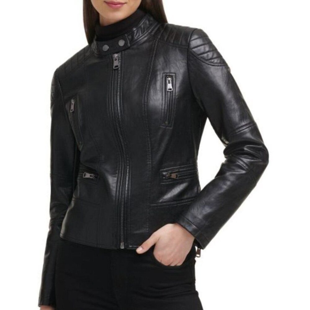 Kenneth Cole New York Crop Moto Jacket Women’s Medium Black Faux Leather New